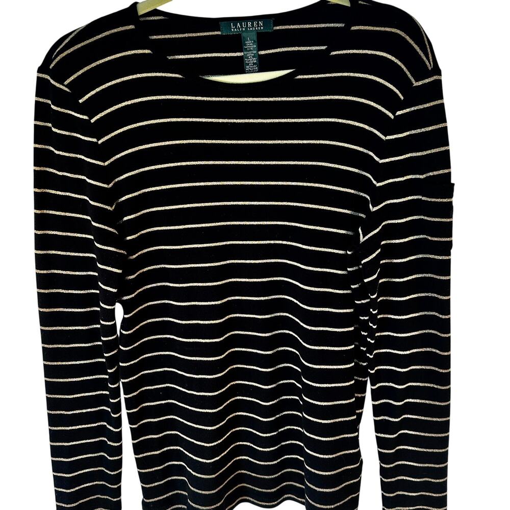 Lauren Ralph Lauren Black Gold Striped Long Sleeve Sweater Women’s  Large